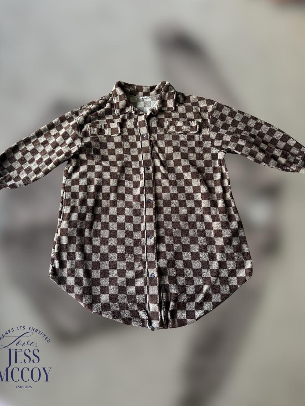 Women’s Brown Checkered Oversized Button-Down Shirt Jacket